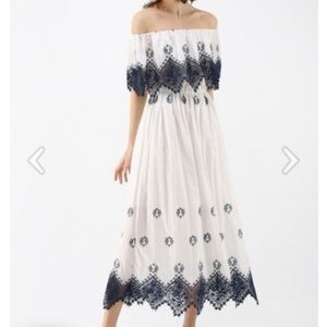 Blue and white off the shoulder midi dress